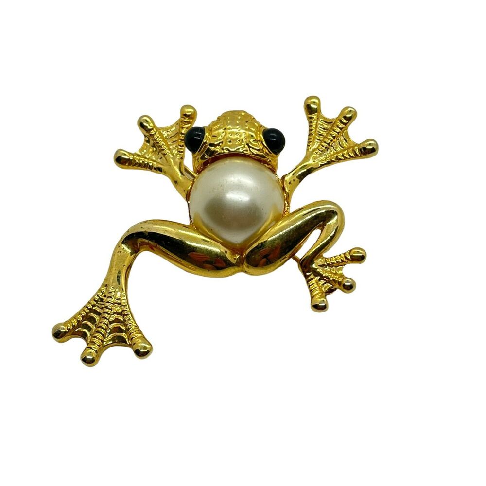 Frog Jelly Belly Retro Brooch Pin Vintage Womens Gold Tone Faux Pearl Charming